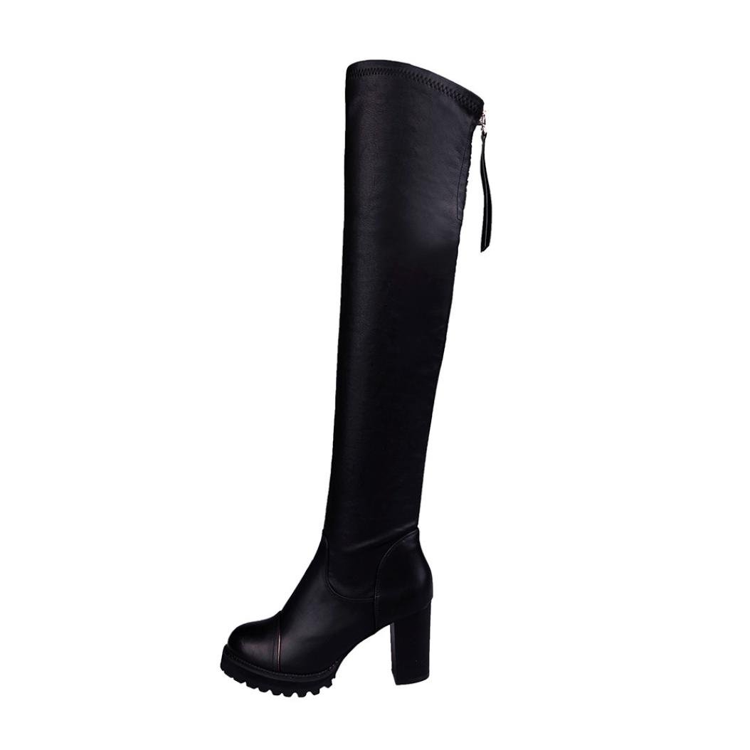 Xjp Women's Black Over The Knee High Boots, Ladies Solid Artificial Leather Zip Block Heel Boots