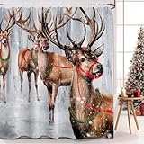 Lvetong Elk Christmas Shower Curtain, Winter Deer Forest Shower Curtains for Bathroom Decor Reindeer Snow Bath Curtain Set, Waterproof Fabric with Hooks (70''W x 72''L)