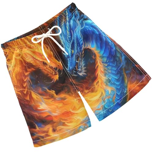 Pigsaly Boys' Swim Board Shorts Orange Blue Fire Dragon Boy's Swim Trunks Kids Swimwear M