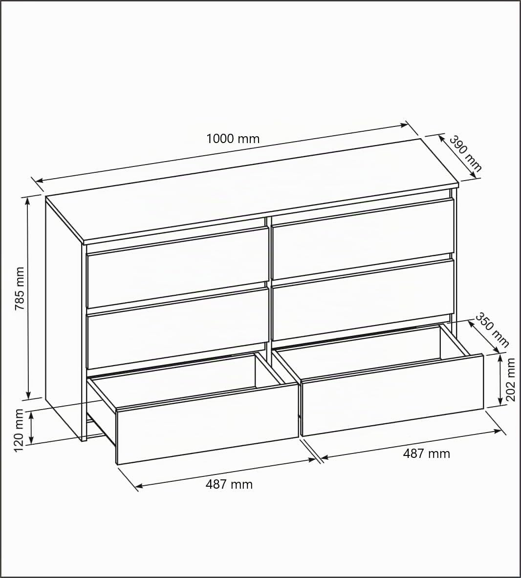 Cassettiera 100 cm, 6 Cassetti, Nero