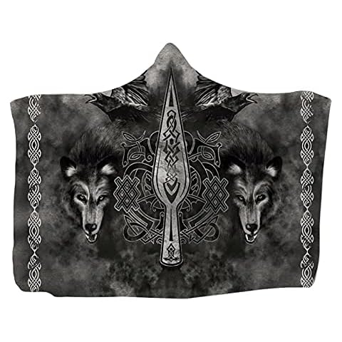 Hooded Throw Blanket Wearable Viking Tattoo Print Flannel Cape Cloak Blanket for Sofa Napping Blankets Childs Adults Cover