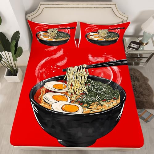 Feelyou Kids Japanese Ramen Fitted Sheet Queen Size Japan Traditional Style Food Bed Sheet Set Boys Girls Japanese Style Bedding Set Food Theme Pattern Bed Cover Deep Pocket