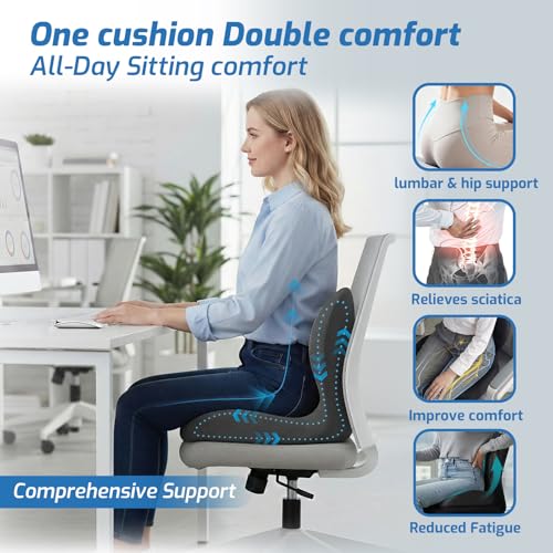 Image of Seat Cushion, Office Chair Cushion with Lumbar Support Pillow, Memory Foam Car Cushions, for Long Sitting, Tailbone & Back Pressure Relief,Sciatica Pad for Office, Car, Home Chairs