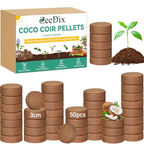 ZeeDix 50 Pcs 30mm Organic Coco Coir Pellets for Seed Starter, Compressed Coconut Coir Potting Soil for Planting, Garden Soil for Indoor Outdoor Plants Bonsai Herbs Flowers Vegetables