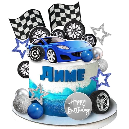 28 piezas Decoraciones para tartas de cumpleaños con temática de carreras, decoraciones con ruedas y banderas a cuadros, decoraciones para fiestas de cumpleaños de niños con coches deportivos.