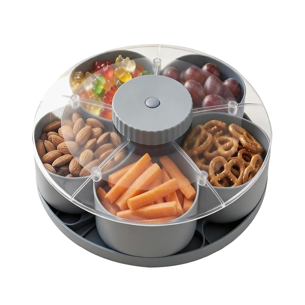UDSKNV[KSL Rotating Multi-Compartment Food Organizer with Lid Divided Spins& Snacks Serving Tray Portable Travel for Chips Fruits