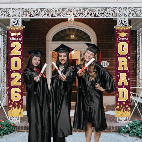 Image of 2026 Graduation Party Decorations - Maroon Gold Class of 2026 Congrats Grad Porch Sign Banner Hanging Flag Graduation Party Supplies for School College Classroom Decor