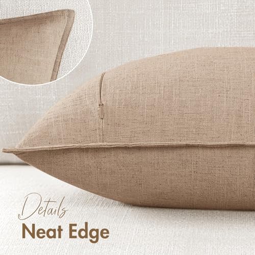 Image of Decorative Linen Solid Throw Pillow Covers 18x18 Inch Set of 2 Camel Boho Accent Farmhouse Pillows Modern Neutral Home Decor for Couch Sofa Living Room Bed