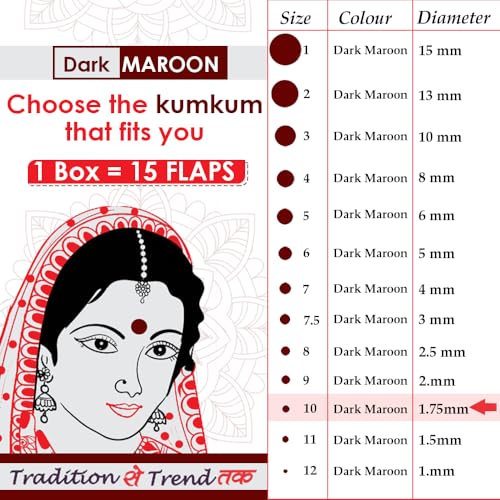 Image of PERPAA Kumkum Velvet Round Sticker Bindi Box of 15 Flaps for Ladies Women Forehead Bindi (Stick On) (Size 10, Diameter 1.75mm, Dark Maroon)