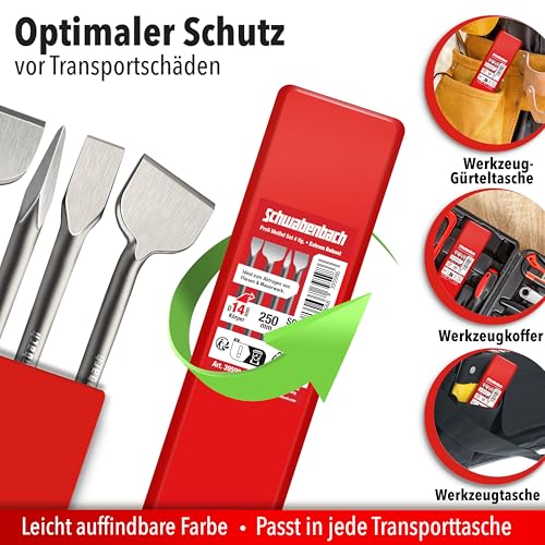 SCHWABENBACH® SDS Plus Meißel Set 4-tlg. 250 mm – Fliesenmeißel 50 mm, Flachmeißel 50 mm + 25 mm + Spitzmeißel – SDS Plus Meißel kompatibel mit Bosch, Hilti uvm - Meißel für Bohrhammer