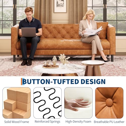 IDEALHOUSE 81" Leather Sofa, Button-Tufted 3 Seater Sofa, Mid-Century Modern Leather Couch with Deep Seat, Chesterfield Sofa for Living Room, Apartment, Office, Cognac Tan - Image 6