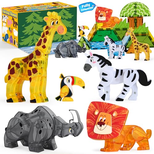 Solalalam 3D Safari Animal Figurines Magnetic Tiles Set 5Pcs Animal Figures for Magnet Tiles Theme Scene Building Preschool STEM Educational Learning Toys for Kids Age 3-8
