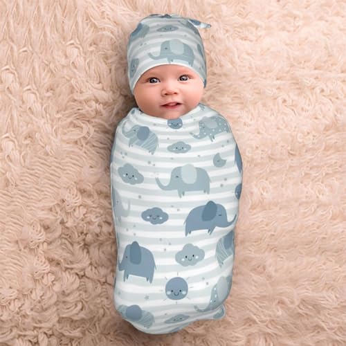 Image of Lcokin Cute Elephant Baby Stuff Swaddle Blanket Hat Set for Boys Girls, Newborn Receiving Blanket Shower Gift