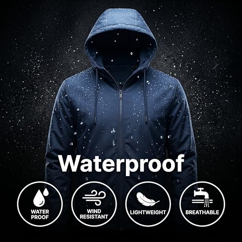 Image of Rain Jacket for Men Waterproof for Bike Riders with Adjustable Hood Along with Inner Pockets,Waterproof Raincoat with Polyester Jacket, Zipper Pockets & Elastic Cuffs For Bike, Travel & Daily Wear