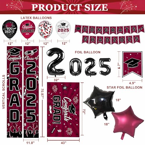 Image of Graduation Decorations Class of 2025,Red Themed Graduation Decorations Party Set Includes Backdrop Banner, Hanging Swirl,Door Banner,2025 Foil Balloons, Latex Balloons for Senior School Celebrations