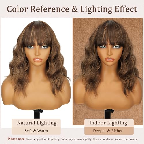 Image of Nnzes Short Wavy Bob Wig with Bangs for Women Shoulder Length Curly Soft Auburn Brown Copper Mix Synthetic Heat-Resistant Fiber Hair for Daily & Party Use