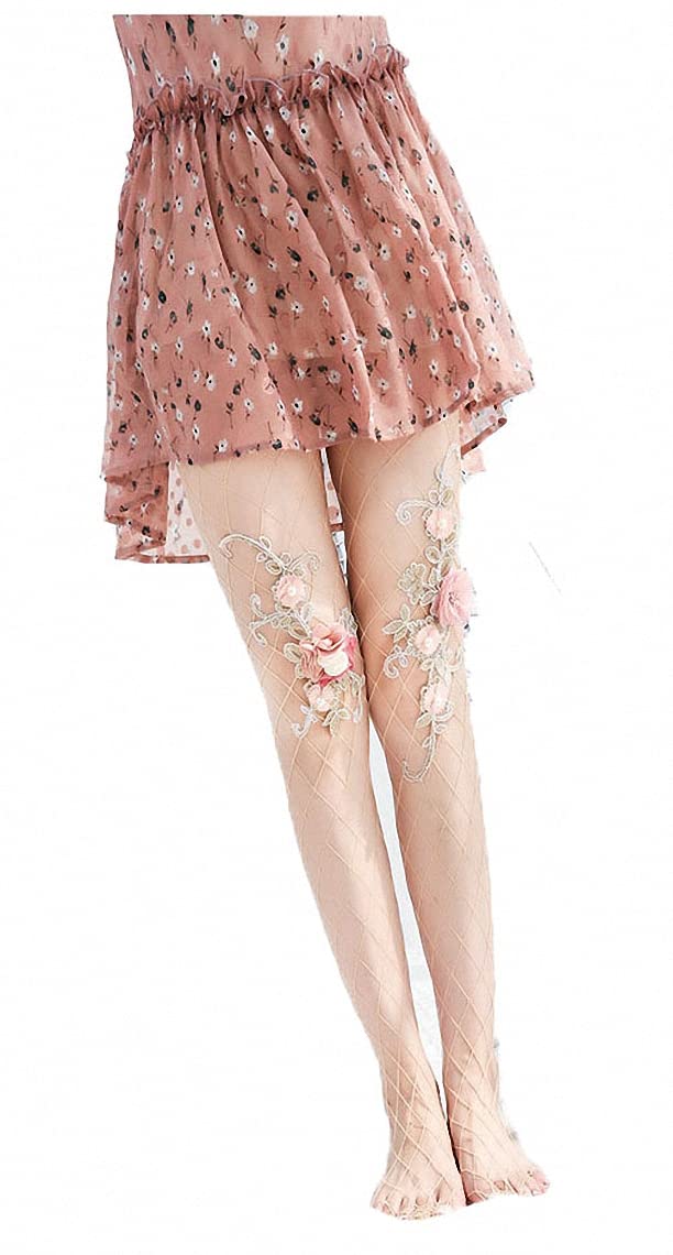 Ulalaza Women's 7000-Flower1 Sparkle Hollow Out Letter Nude Colorful Rhinestone Hot Drilling Fishnet Pantyhose Tights For