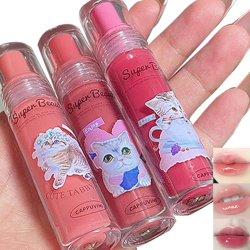 3 Farben Saftige Dauerhafte Tönung Lipgloss Set, Katzendruck Süßes Design Lippenstift, Feuchtigkeitsspendender Aufpolsternder Wasser-Lipgloss, Hochglanz Spiegel Lippenglasur (A, 3PCS)