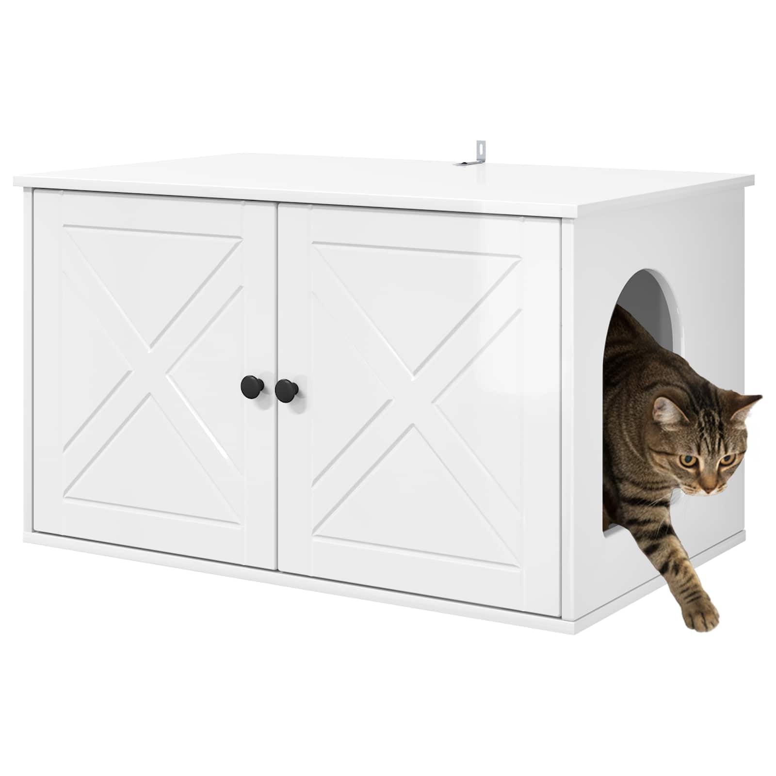 Katzenhaus Glänzend Weiß 85 x 55 x 50 cm Holzwerkstoff Stabiler Rückzugsort für Katzen geeignet für Wohnung und Wohnzimmer mit Liegemulde, Kratzbaum, Hängematte und Kratzbrett