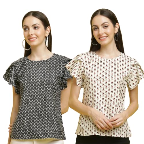 Image of Pinkmint Combo Top's for Women Stylish Ruffle Trim Petal Sleeve Tops (Pack of 2)
