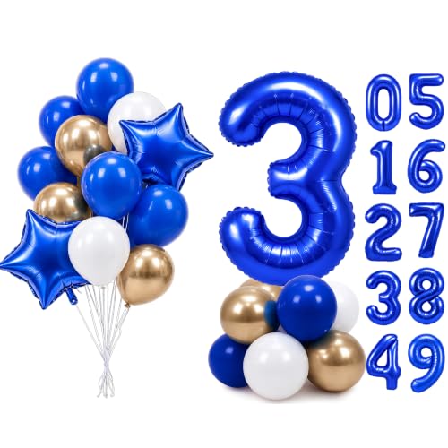 Image of PartyWoo Royal Blue Number 3 Balloon 40 Inch 25pcs Blue Star White Gold