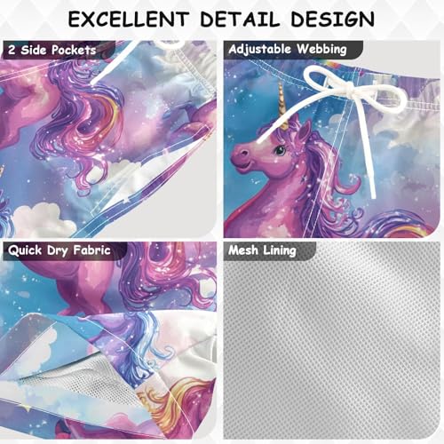 Pigsaly Boys Swim Trunks Happy Purple Unicorn Boys Board Shorts Swimsuit Swimwear Summer Bathing Suit 4T3