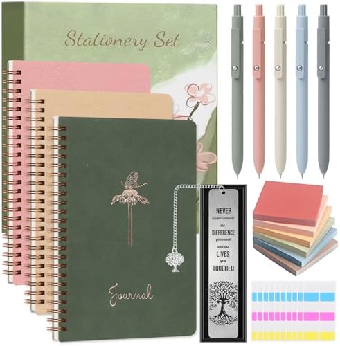 Stationery Set for Women, Bible Journaling Kit, 3PCS A5 Spiral Notebooks, Gel Pens, Steel Bookmark, Sticky Notes & Tabs, Gift Box - Aesthetic Gift Set for Work Students School Office Supplies