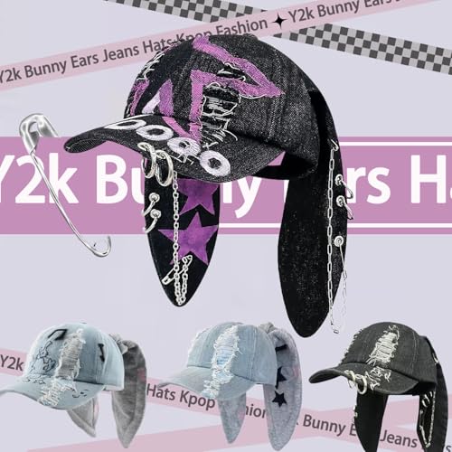 Image of Y2k Hat Punk Hats Denim Bunny Hat Chains Distressed Baseball Cap Kpop Outfits Y2k Grunge Hats for Women