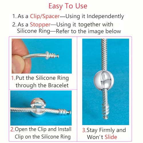 Sterling Silver Round Stopper Clip Charm Lock Spacer for Pandora Charms Bracelet (Silver)4