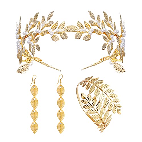 Miayon 3pcs Grecian Goddess Costume Accessories Set Golden Leaf Headband Coil Bracelet Dangle Earrings Women Costume Accessories for Wedding Party Accessories for Women