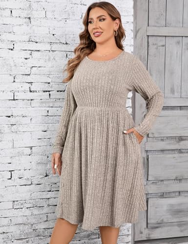 Image of Women's Plus Size Casual Sweater Dress Square Neck Long Lantern Sleeve Tie Waist Loose Pullover Sweater Dresses