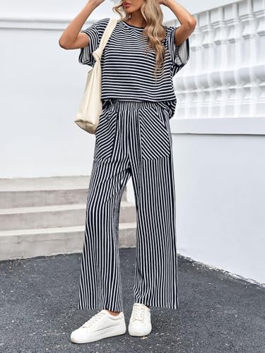 Image of Tankaneo Womens Striped 2 Piece Sets Short Sleeve T Shirts Wide Leg Pants Matching Lounge Set with Pockets