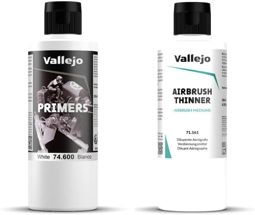 Vallejo - Bundle White Acrylic Surface Primer 200 ml (6.76 fl.oz.) + Airbrush Thinner for Acrylic Paints 200 ml. (6.76 fl.oz.)