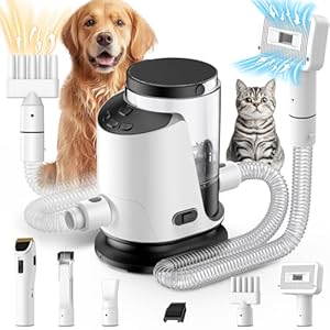 Dog Grooming Vacuum & Dog Electric Clippers & Pet Hair Dryer, 3L Large Capacity with 5 Grooming Tools, Low Noise for Long Hair Dogs and Cats, Adjustable Airflow and Temperature, UL, Button