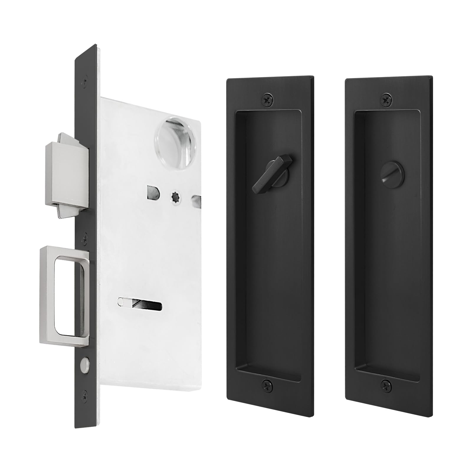 Photo 1 of Pocket Door Lock,Modern Rectangular Pocket Door Hardware, Finger Flush Pulls with Edge Pull for Pocket Doors, Sliding Doors,Folding Doors etc (Black, Privacy Lock)