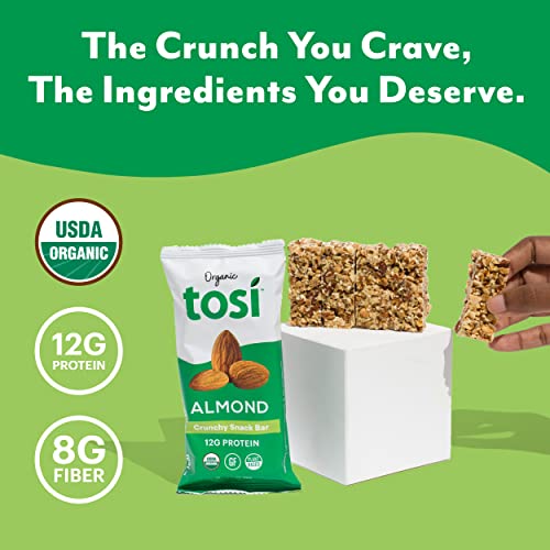 Tosi Plant Based Protein Bars, 12G Protein (Pack of 12, 2.4oz Bars), Vegan Bars, Crunchy Snacks, Almond Bars with Flax & Chia Seeds, Gluten Free, Omega 3s