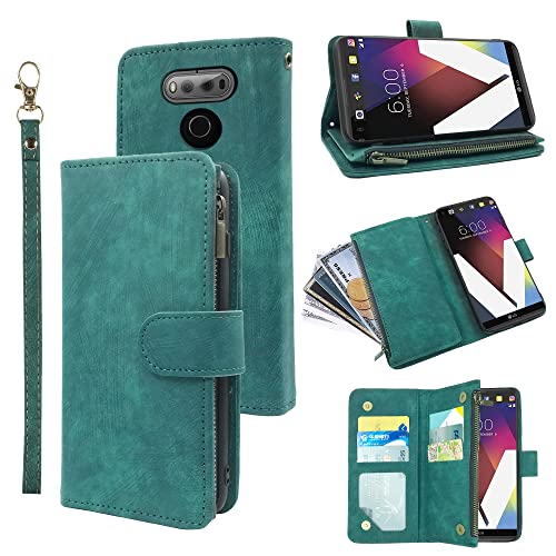 Compatible with LG V20 Wallet Case and Premium Vintage Leather Flip Credit Card Holder Stand Cell Accessories Folio Purse Lanyard Wrist Strap Phone Cover for LGV20 LG20 V 20 ThinQ Women Men Green