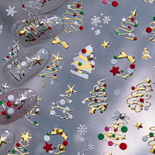 Image of Christmas Tree Nail Stickers Gold Nail Art Stickers Xmas Nail Decals with Pearl Design Snowflake Nails Art Decals 5D Embossed Self Adhesive Nails Charms for Women Girls Manicure Decoration Accessories