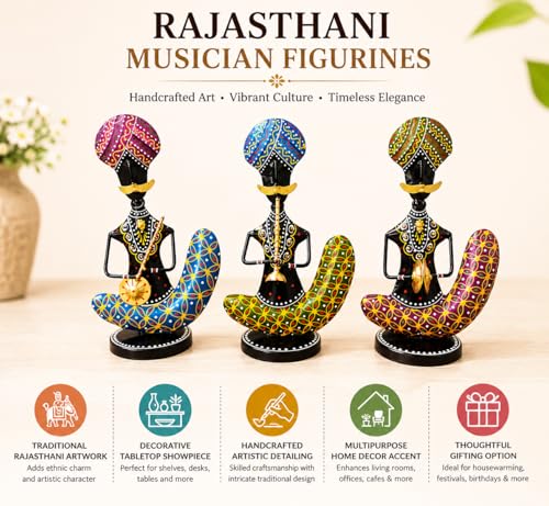 Image of Rajasthani Chaudhary Musician Figurines Set of 3 Handcrafted Traditional Indian Art Showpiece | Decorative Table Decor for Home, Living Room, Office & Shelf Styling