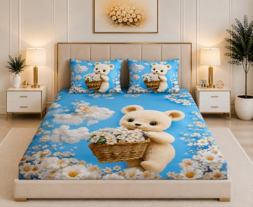 Image of 7D Digital Printed King Size Bedsheet | 240TC Premium Cotton Feel Microfiber with 2 Pillow Covers | Soft Breathable & Wrinkle Free Bedding Set | (BearBlue, King Size-90x100 Inch)