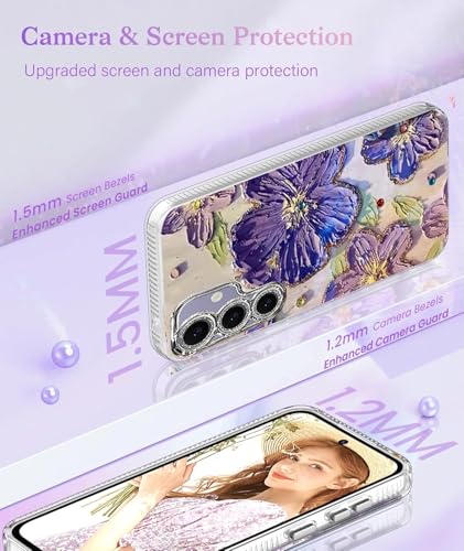 Image of Elzzi Compatible with Samsung S24 FE 5G Case Laser Flower Oil Painting Cute Colorful Blue Ray Bumper with Full Camera Protection Shockproof PC+TPU Glossy Shiny Cover for Girls Women, Purple