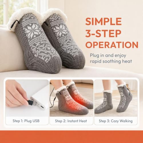 2 Pack Christmas Snowflakes Print USB Heated Socks Womens Fuzzy Socks，Grey - image 5