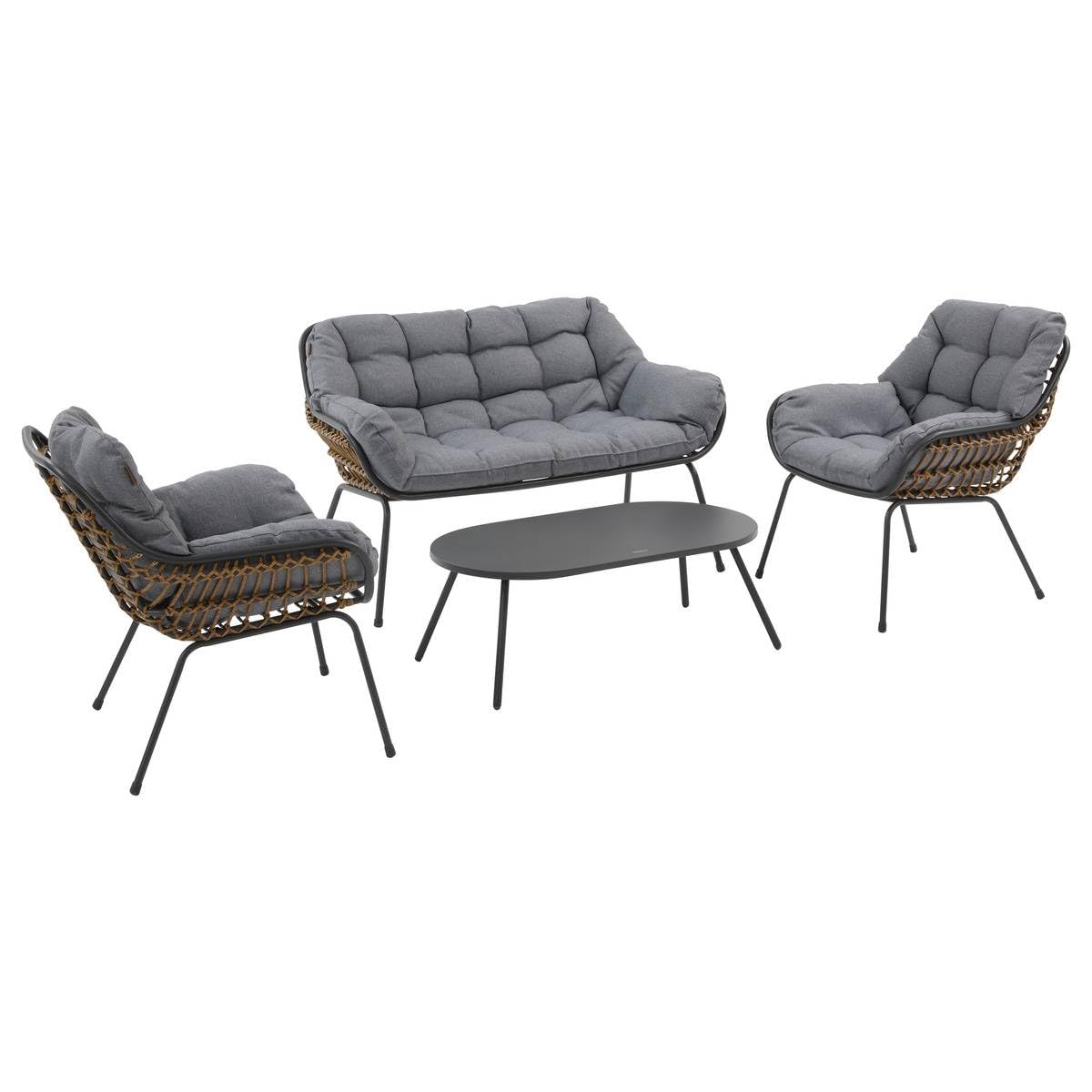 HESPERIDE - Salon de Jardin Paopao Graphite, Gris 4 Places Anti-Rouille Coussins Confortables 2 Fauteuils 1 Canapé 1 Table Basse pour Terasse, Balcon