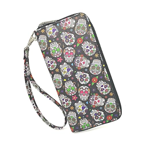 Womens Wallet Gothic Skull Skeleton PU Leather Clutch Wallet Multi Credit Card Large Capacity Zip Around Travel Zipper Purse Wristlet for Women Halloween