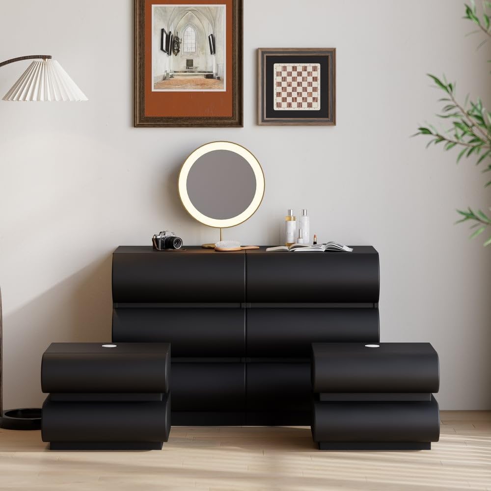 homary Black 3 Piece Bedroom Sets 6 Drawers Dresser and Smart Nightstands Set of 2 with Wireless Charging USB, Faux Leather Chest of Drawers Storage Drawers 3Pcs