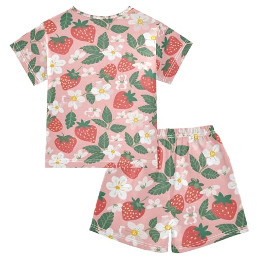 ALAZA Strawberry Floral Blossom Pajamas Set Short Sleeve Cotton Sleepwear Summer Pjs 2 Piece 5-14Y2