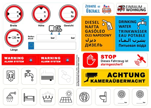 Aufkleber-Set - 20 Aufkleber für Wohnmobil/Wohnwagen/Camping - Alarmanlage, Größe, Diesel, Hotelklassifizierung, Reifendruck u. v. m. - hochwertige Hinweisschilder