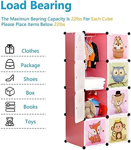 BRIAN & DANY Portable Cartoon Clothes Closet Wardrobe DIY Modular Storage Organizer, Sturdy and Safe for Children, 6 Cubes & 1 Hanging Sections, Pink, 75 x 47 x 147 cm
