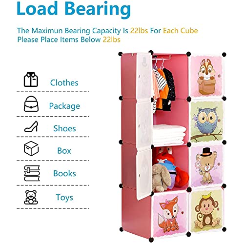 Brian & Dany Portable Cartoon Clothes Closet Diy Modular Storage Organizer, Sturdy And Safe Wardrobe For Children And Kids, 6 Cubes&1 Hanging Sections, 30% Deeper Than Standard Version, Red #TOP2
