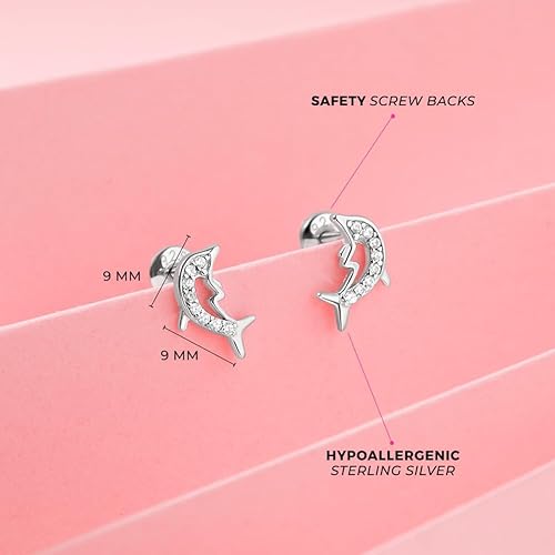 Miniatura 4 de Aretes de plata de ley 925 con circonita cúbica transparente náutica y delfín para niñas pequeñas, preadolescentes y adolescentes, 0.354 in, joyería